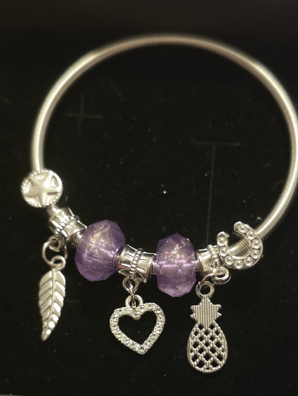 Silver Charm Bracelet with Purple Glass Beads and Dangling Charms